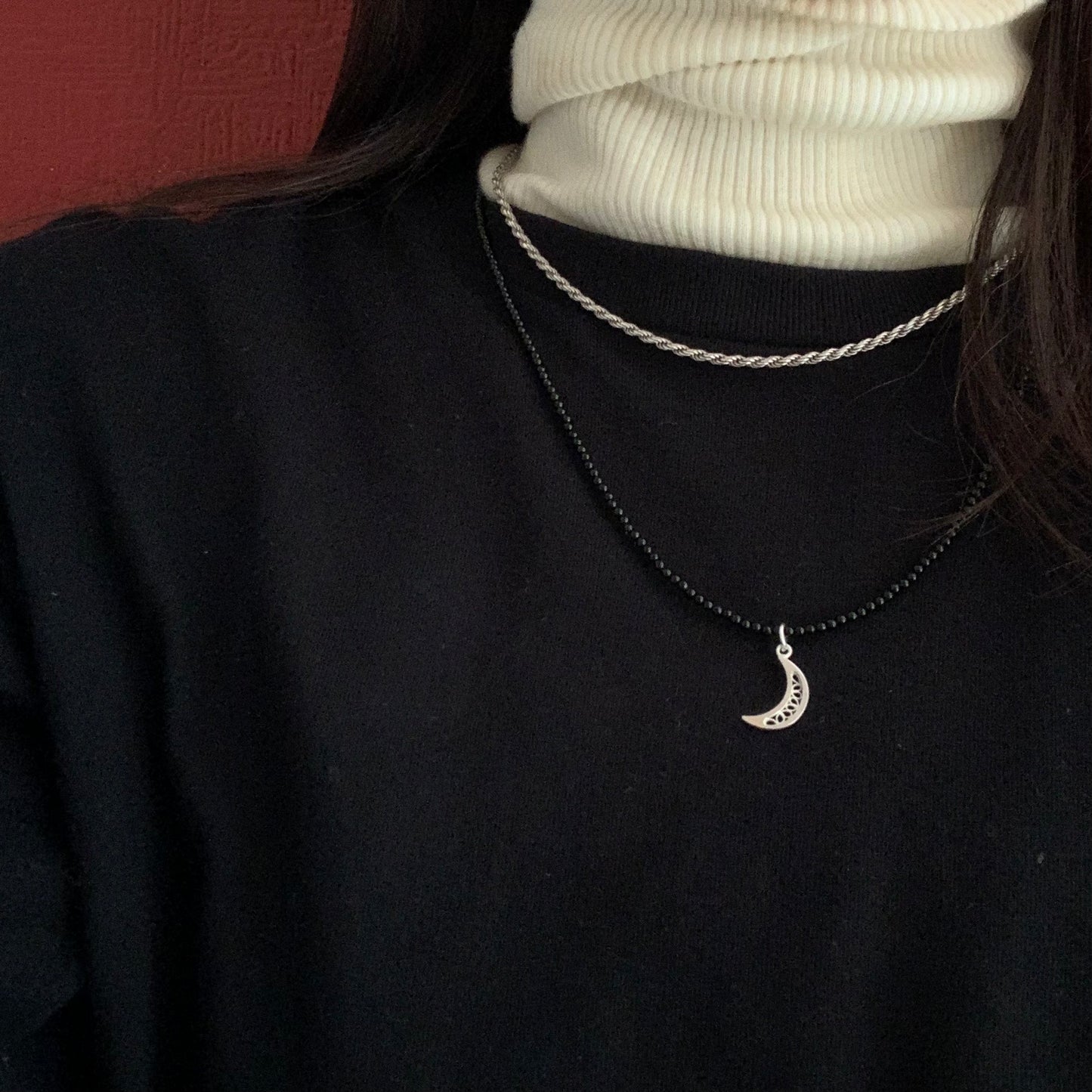 moon charm onyx long necklace - gold <受注生産>